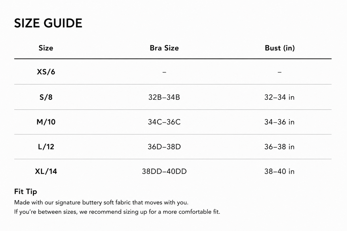 Size Guide - Elements Racerback Bra