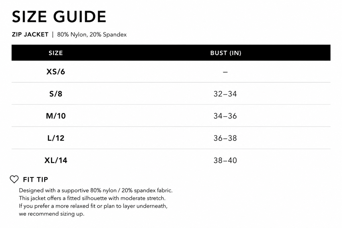 Size Guide - Elements Zippy Jacket